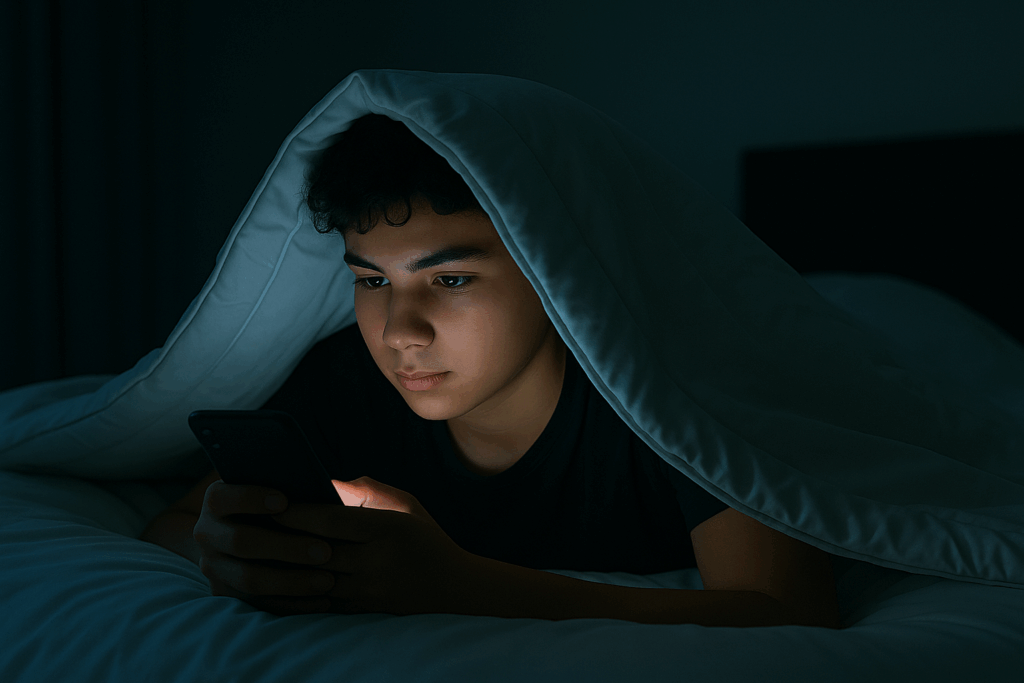 Jugendlicher mit Medienkonsum Nachts im Bett